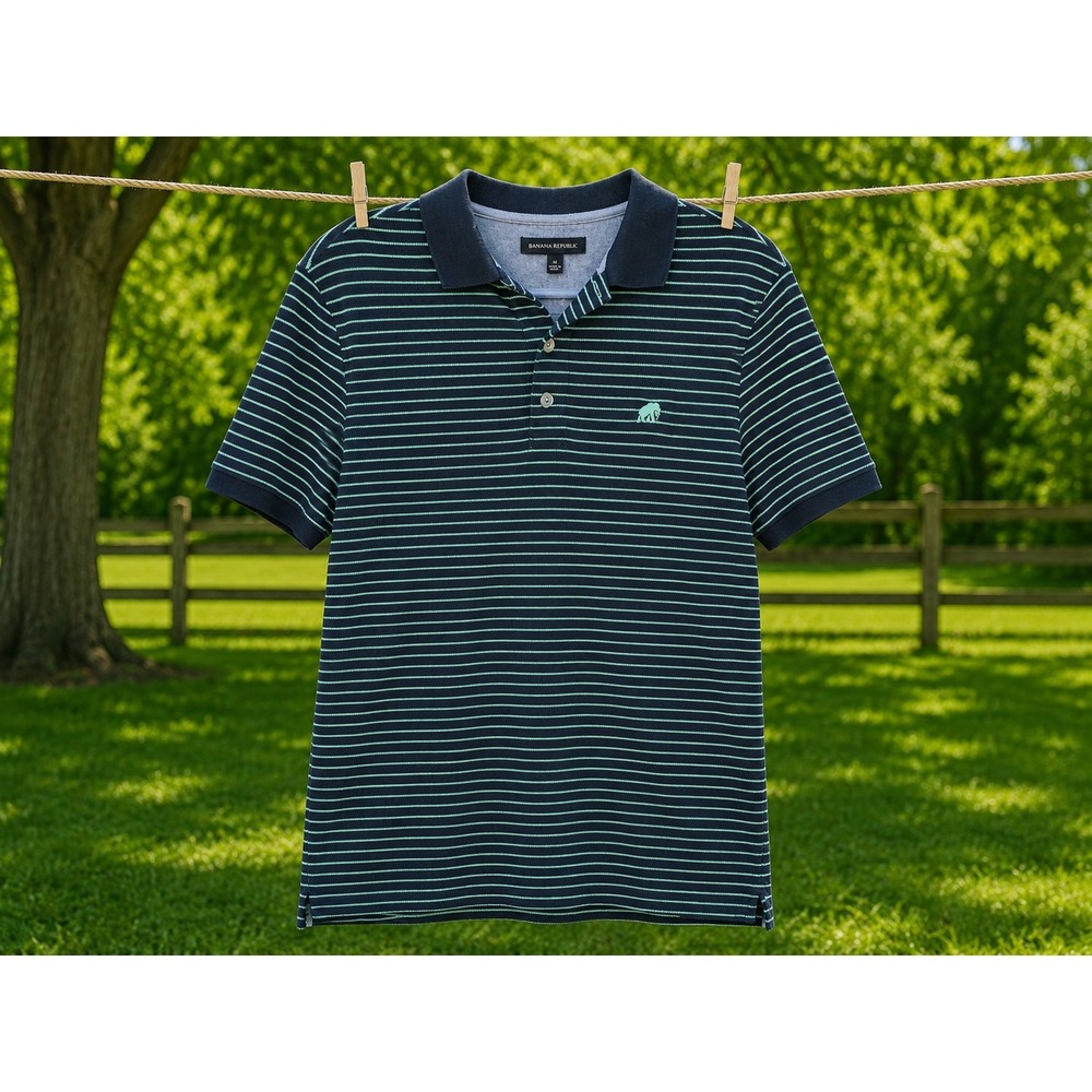 BANANA REPUBLIC Men's Polo Shirt Size Small Navy Blue Stripedβ Short Sleeve